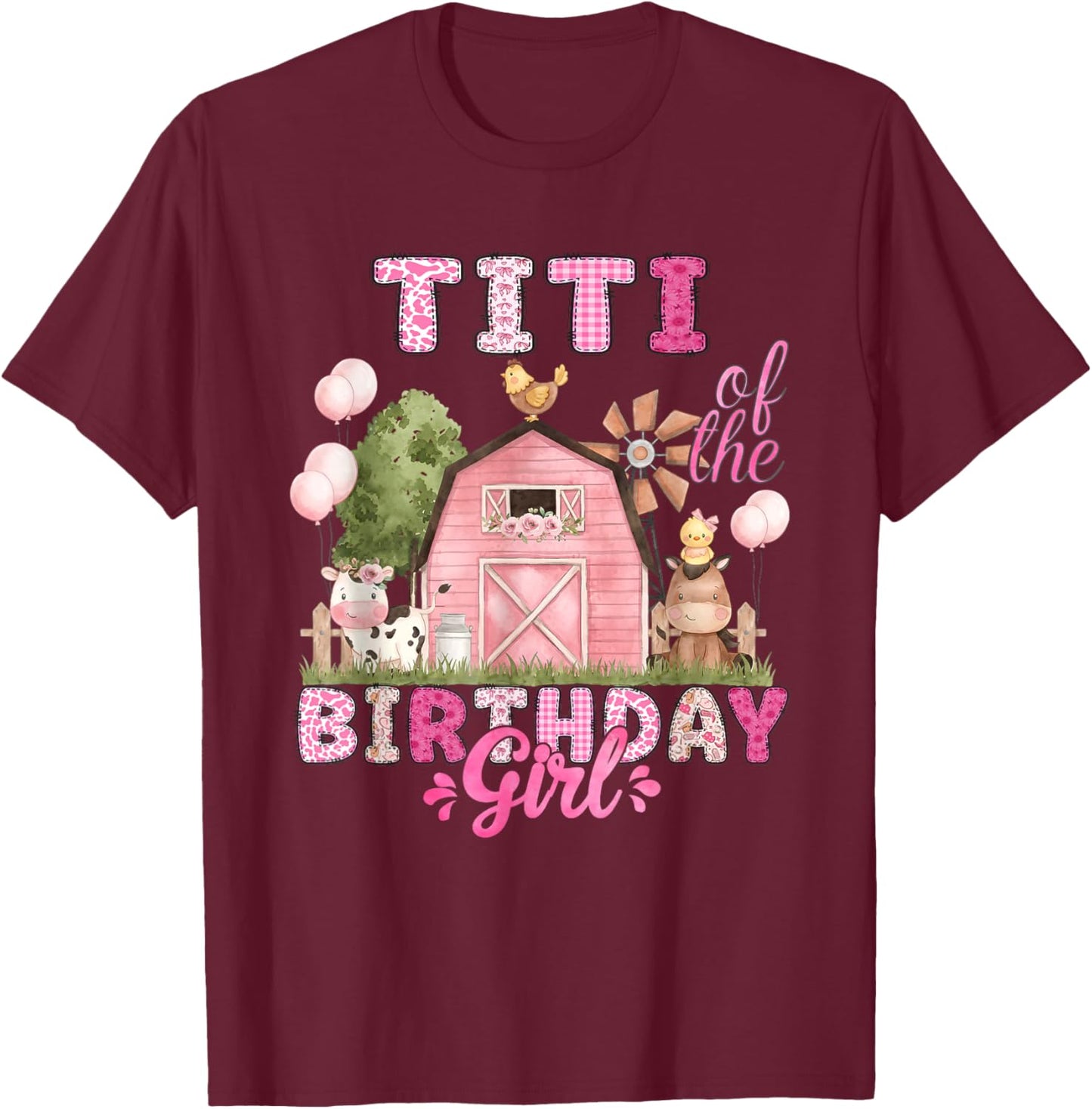 Titi of The Birthday Girl 1St Bday Cow Farm Family T-Shirt - T-Shirt | Maroon