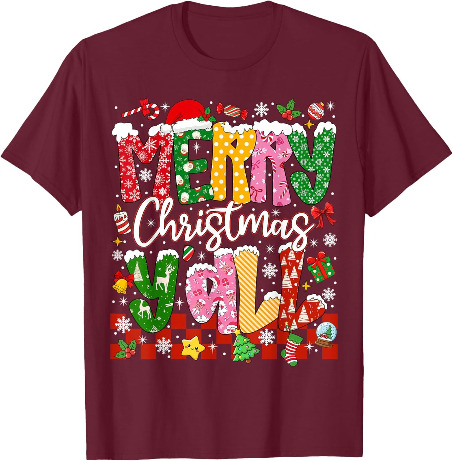 Merry Christmas Y'all Xmas Holiday Men Women Family Matching T-Shirt - T-Shirt | Maroon