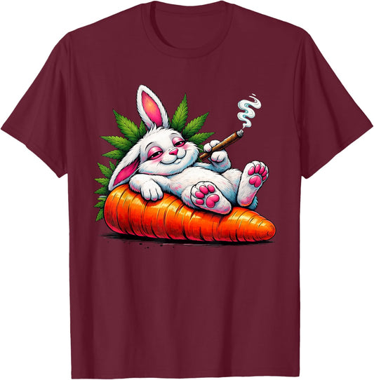 Easter Day Cannabis Marijuana Stoned 420 Bunny Smoking Weed T-Shirt - T-Shirt | Maroon