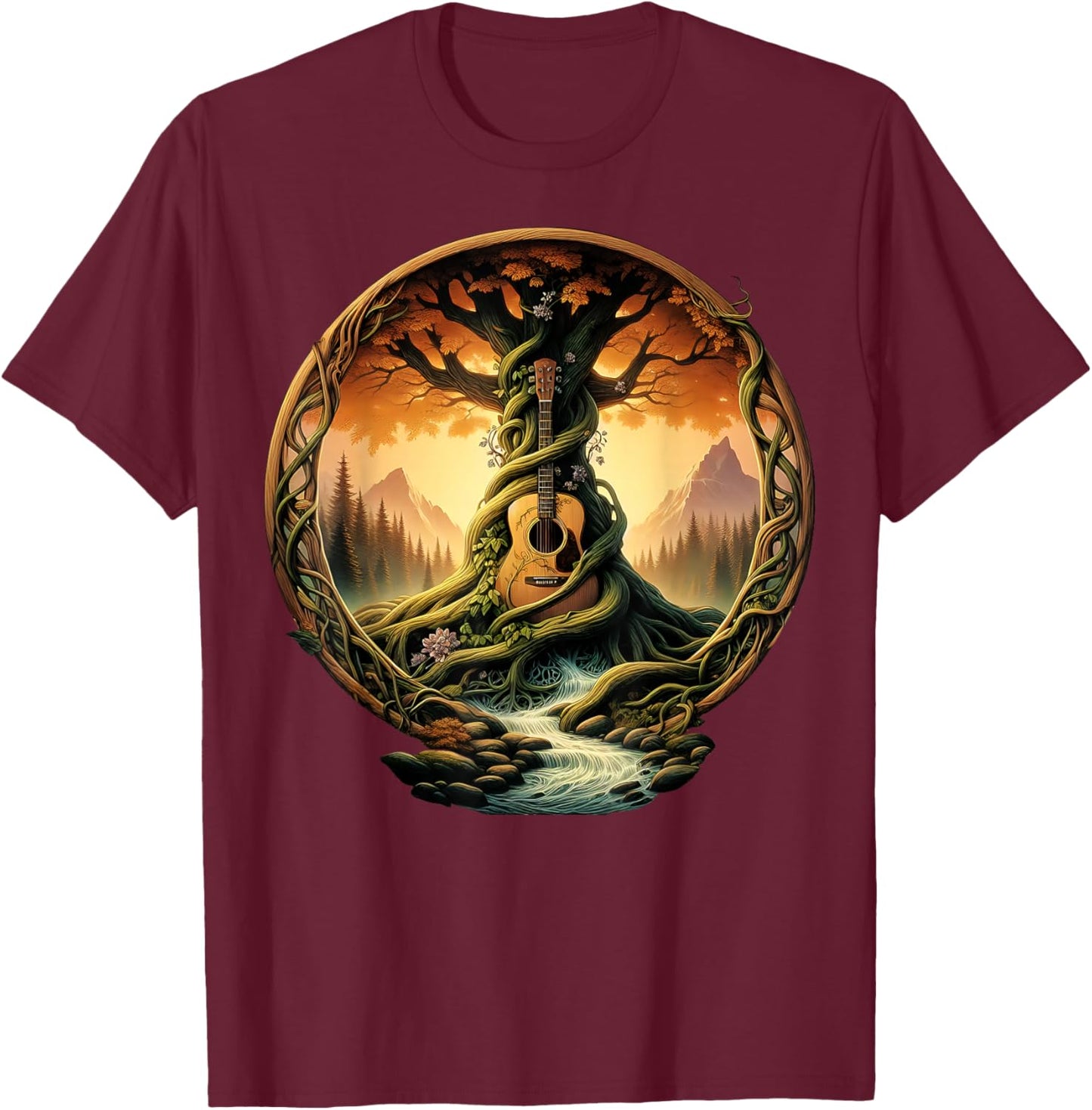 Tree of Life Acoustic Guitar by The Lake Music Lover T-Shirt - T-Shirt | Maroon