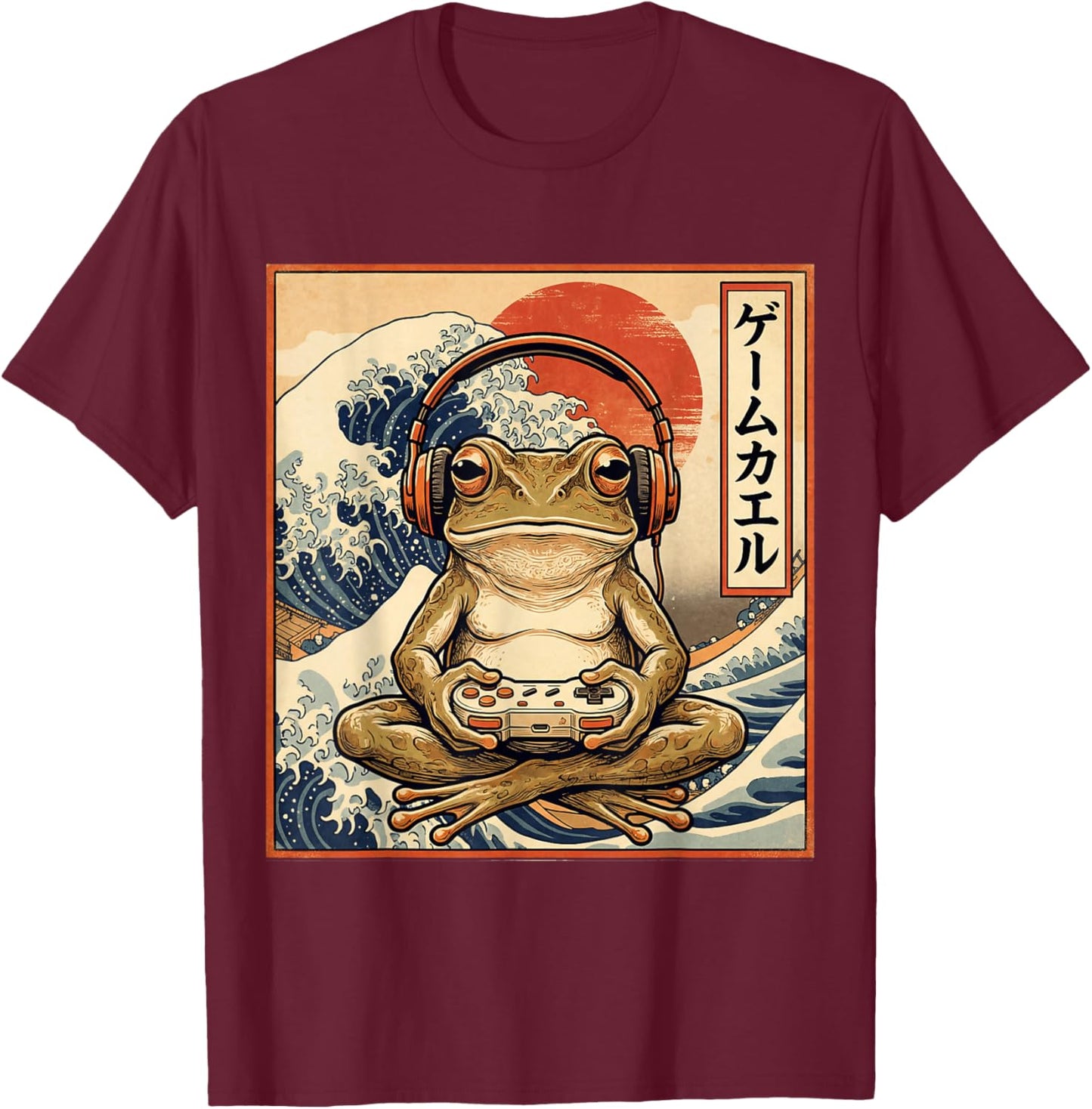 Japanese Gaming Frog Great Wave Retro Gamer Anime Vintage T-Shirt - T-Shirt | Maroon