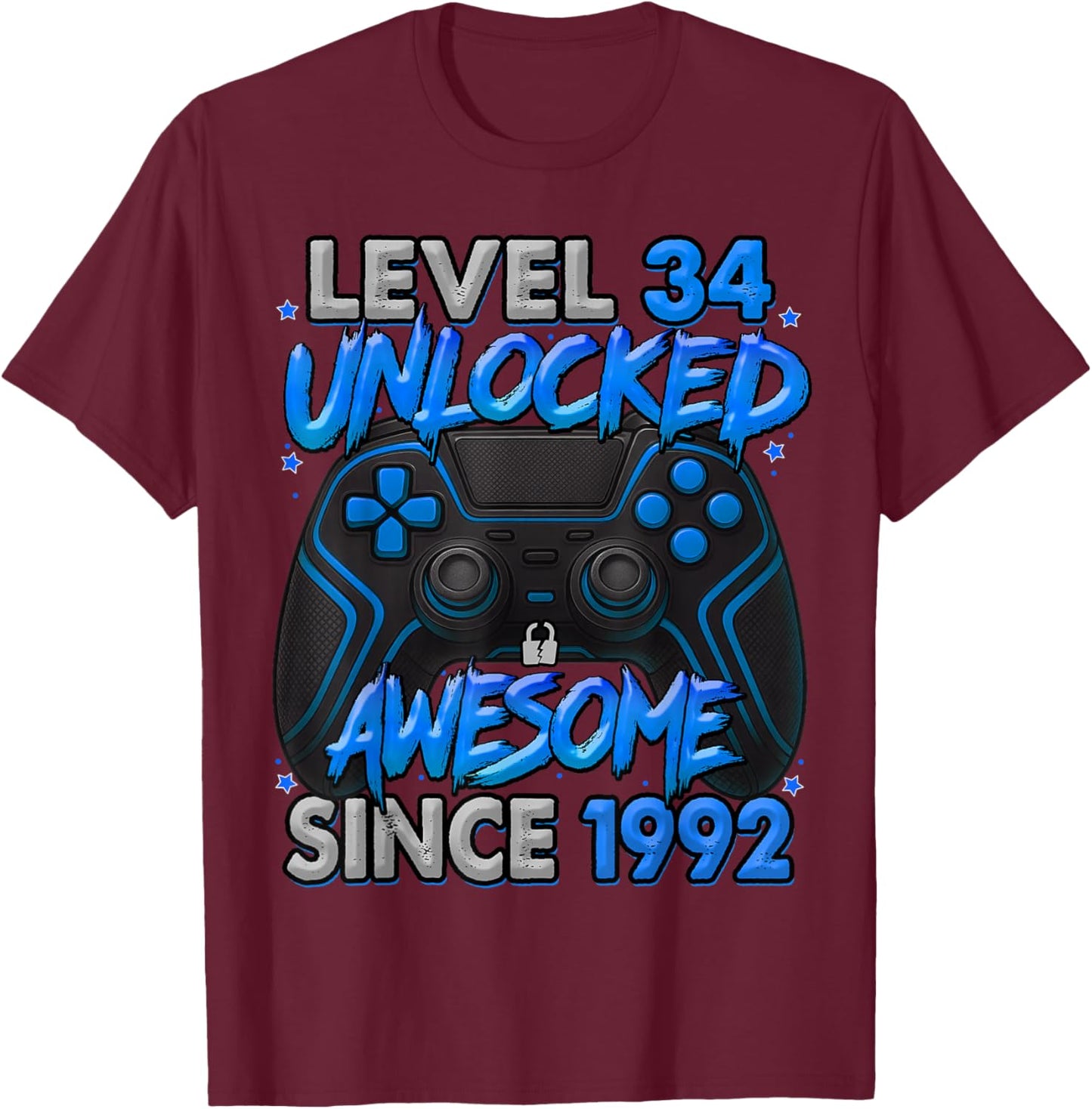 Level 34 Unlocked Awesome Since 1992 34th Birthday Gaming T-Shirt - T-Shirt | Maroon
