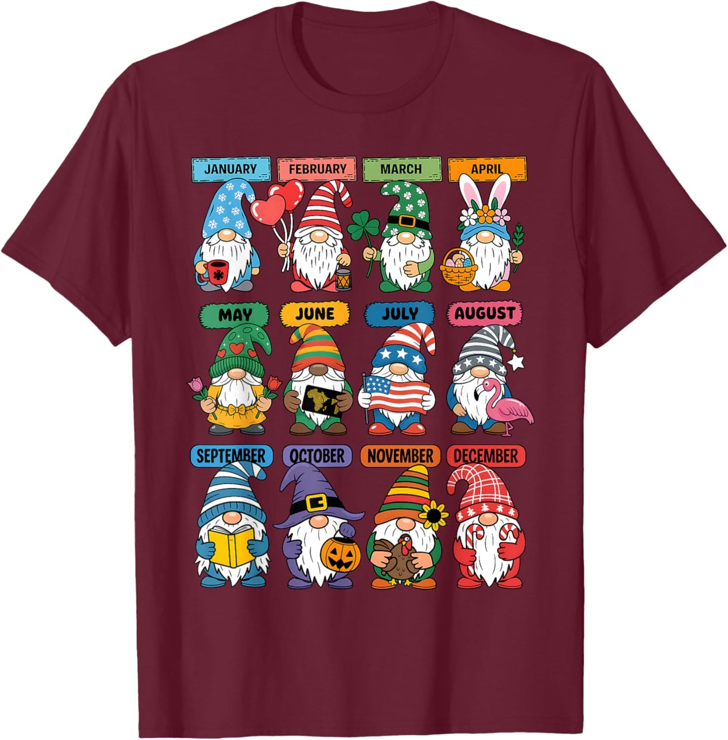 Cute Gnome Every Season Holiday Gnomes 12 Months of Gnomes T-Shirt - T-Shirt | Maroon