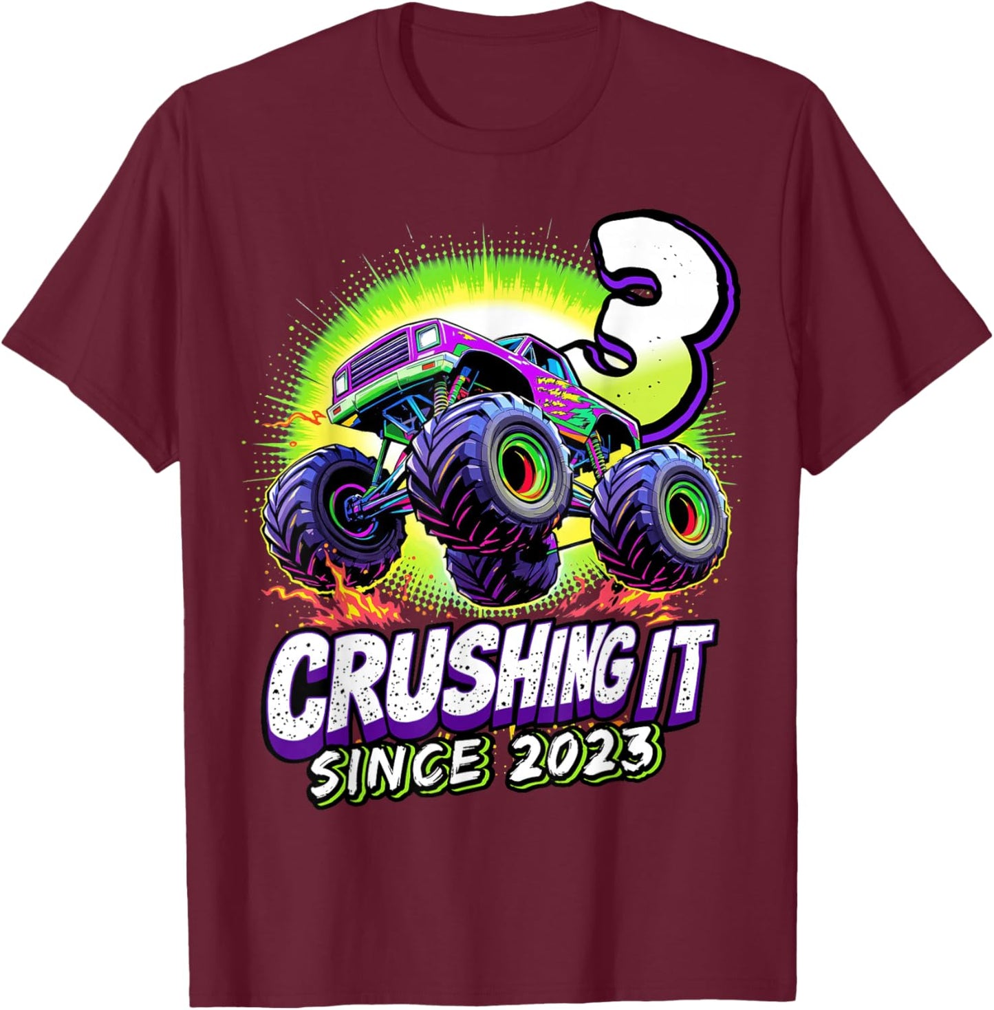 Birthday Monster Truck 3 Year Old Boys 3rd Party Born 2023 T-Shirt - T-Shirt | Maroon
