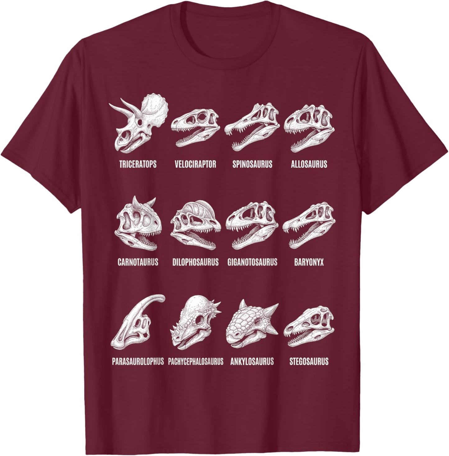 Dinosaur Skull Types Paleontology Fossil Anatomy Chart T-Shirt - T-Shirt | Maroon