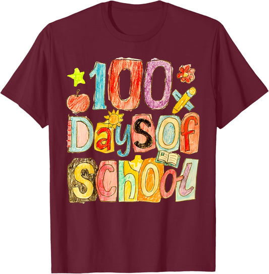 100 Days of School Crayon Art 100th Day Teacher Boys Girls T-Shirt - T-Shirt | Maroon