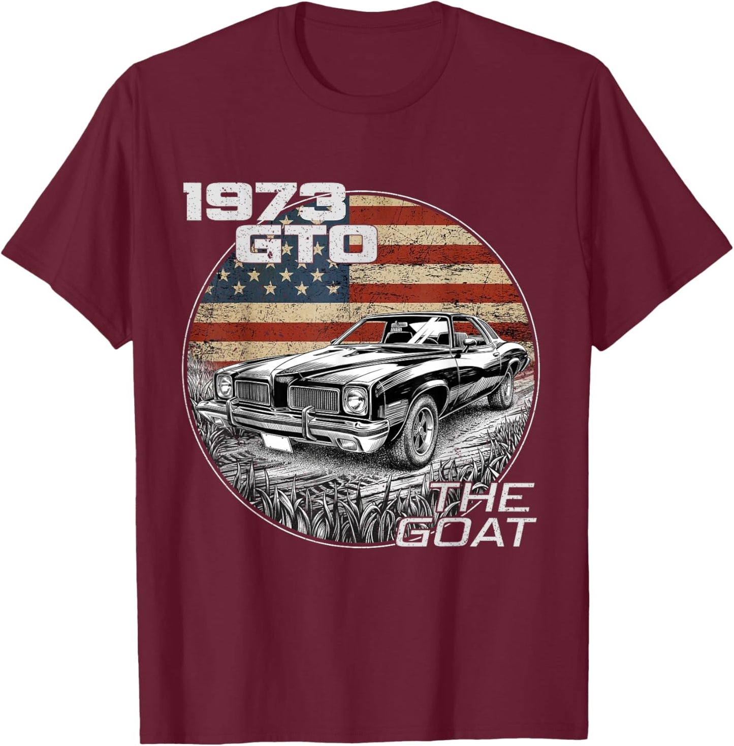 73 1973 GTO American Flag Silhouette Muscle Car T-Shirt - T-Shirt | Maroon