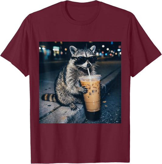 Raccoon Drinking Iced Coffee Funny Animal Meme T-Shirt - T-Shirt | Maroon