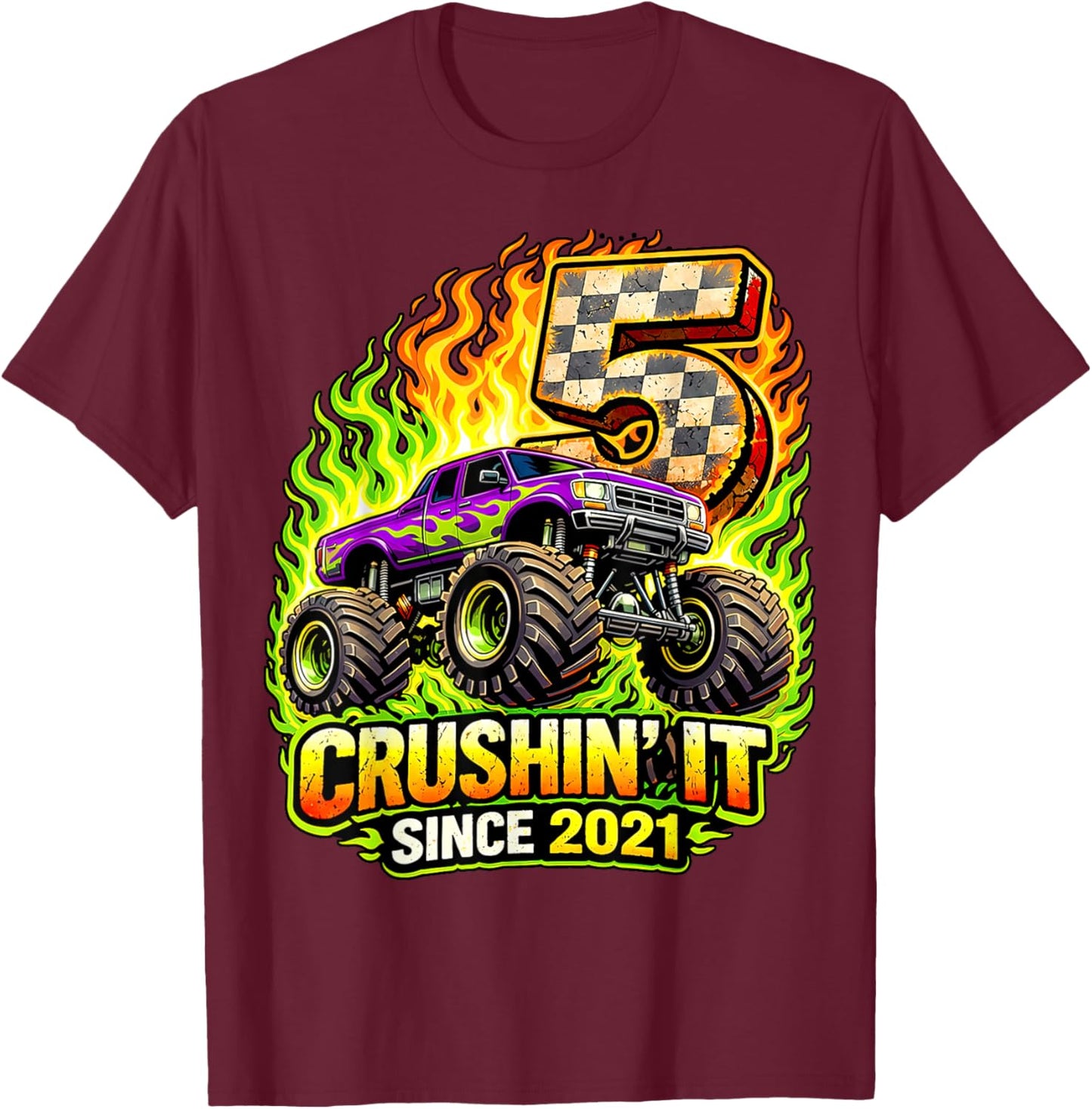 Birthday Monster Truck 5 Year Old Boys 5th Party Born 2021 T-Shirt - T-Shirt | Maroon