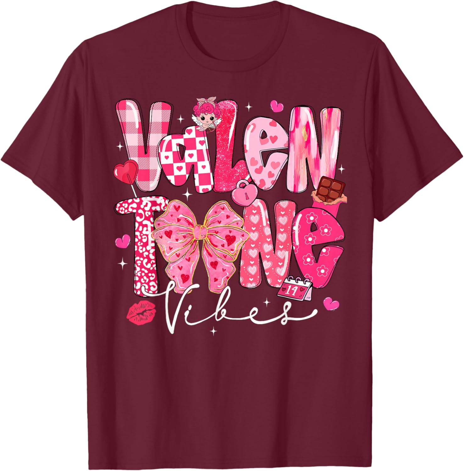 Valentine Vibes Cute Coquette Bow Red Heart Girl Women Kid T-Shirt - T-Shirt | Maroon