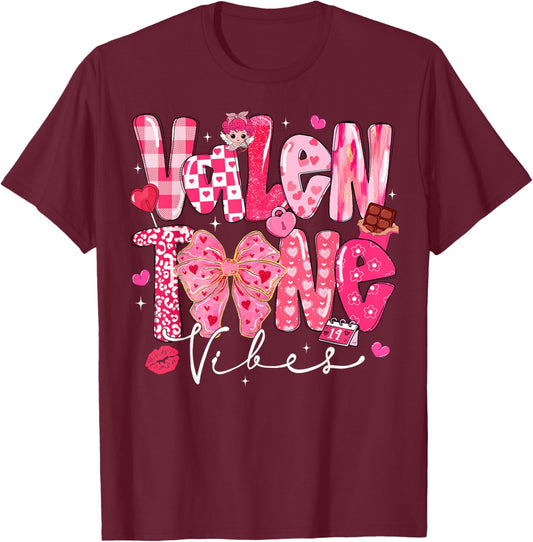 Valentine Vibes Cute Coquette Bow Red Heart Girl Women Kid T-Shirt - T-Shirt | Maroon