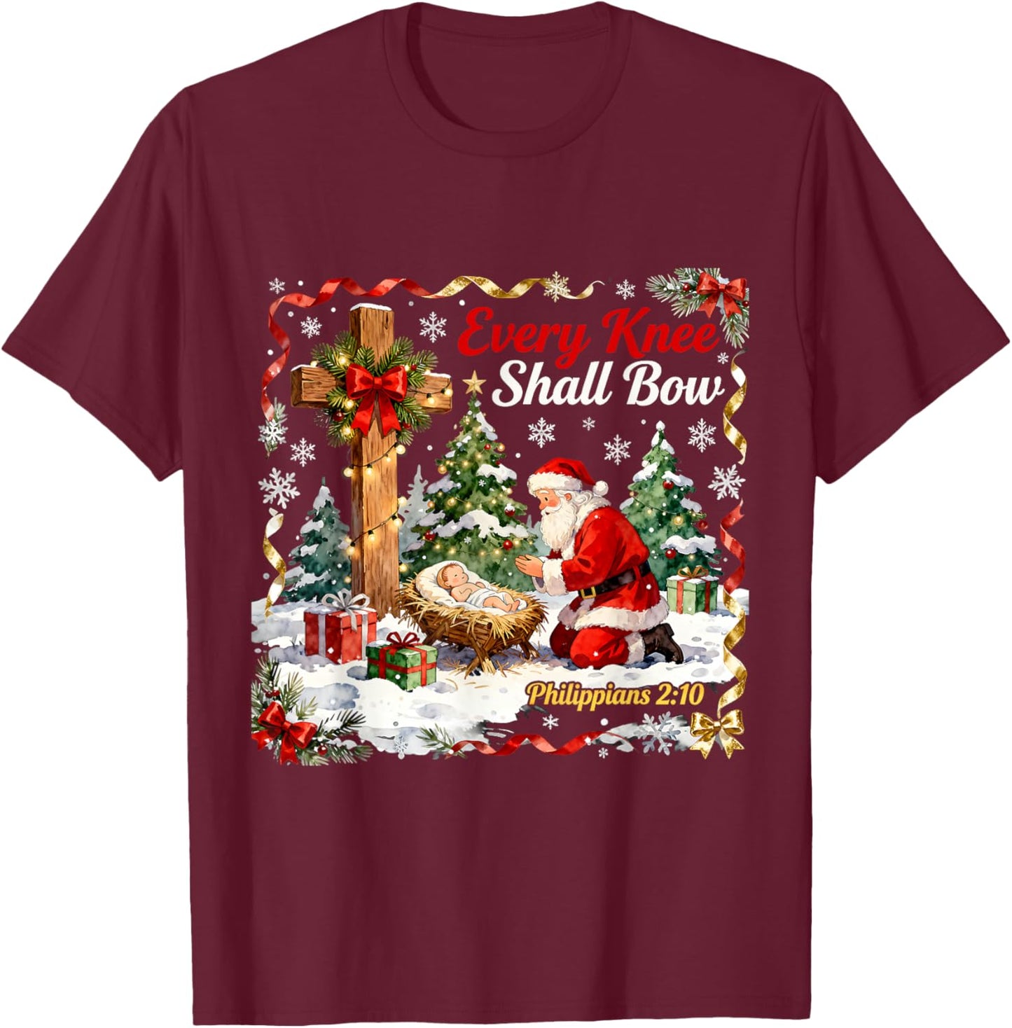 Christmas Nativity Scene Every Knee Shall Bow Santa Xmas T-Shirt - T-Shirt | Maroon