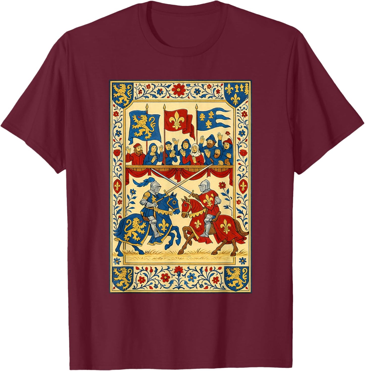 Castlecore Medieval Art Tapestry Style Knightcore Jousting T-Shirt - T-Shirt | Maroon