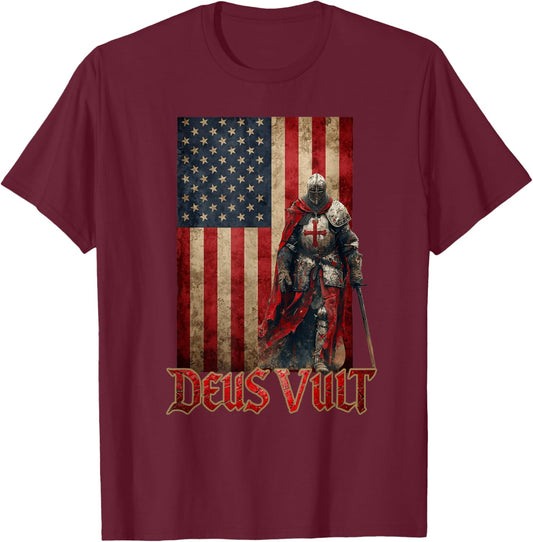 Deus Vult Knight Templar American Flag Crusader T-Shirt - T-Shirt | Maroon