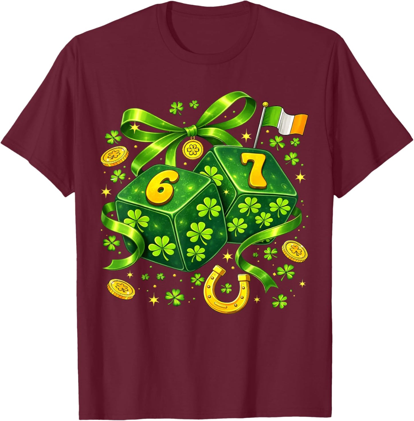 St Patricks Day Six Seven Coquette Dice 6 7 Meme Women Girls T-Shirt - T-Shirt | Maroon