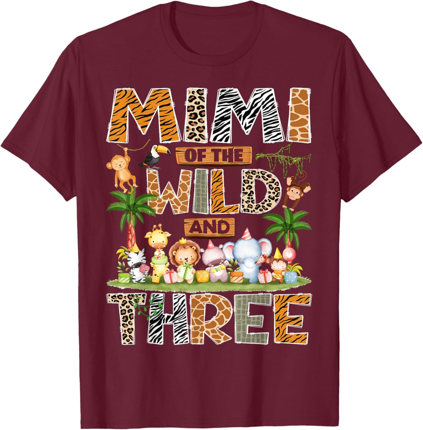 Mimi of The Wild & Three 3rd Birthday Boy Safari Jungle T-Shirt - T-Shirt | Maroon