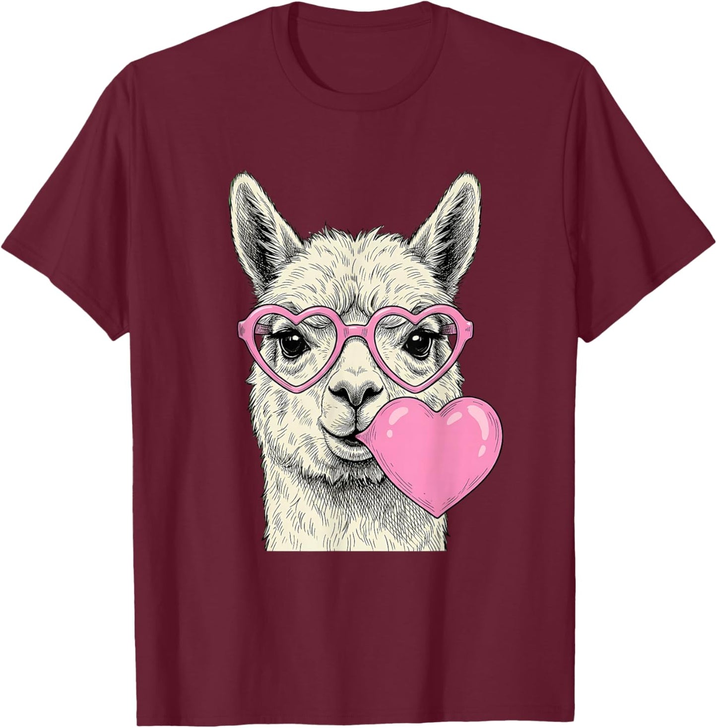 Cute Alpaca Blowing Pink Valentine Heart Bubble Gum T-Shirt - T-Shirt | Maroon