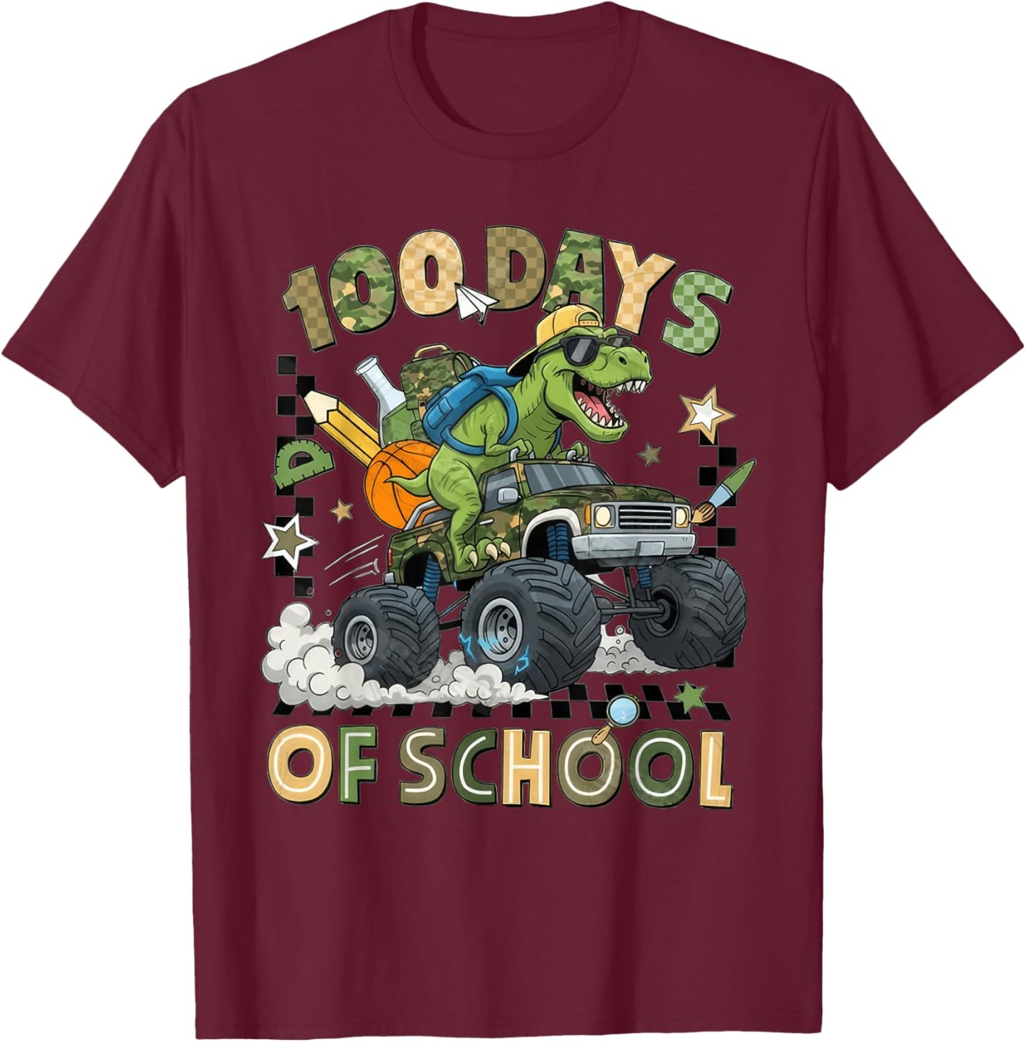 100 Days of School Monster Truck Camo 100th Day School Boys T-Shirt - T-Shirt | Maroon