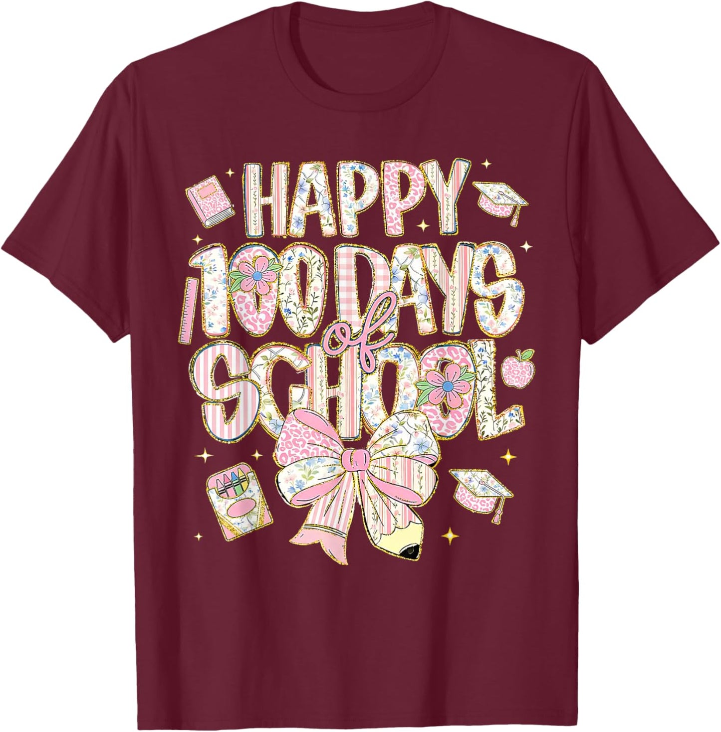 100th Day of School Preppy 100 Days Teacher Kid Coquette Bow T-Shirt - T-Shirt | Maroon