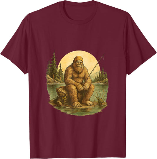 Bigfoot Night Fishing Yeti Retro Vintage Sasquatch and Fish T-Shirt - T-Shirt | Maroon