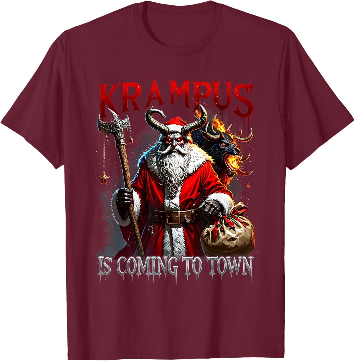 Xmas Horror Krampus Coming Town Merry Christmas Gothic T-Shirt - T-Shirt | Maroon