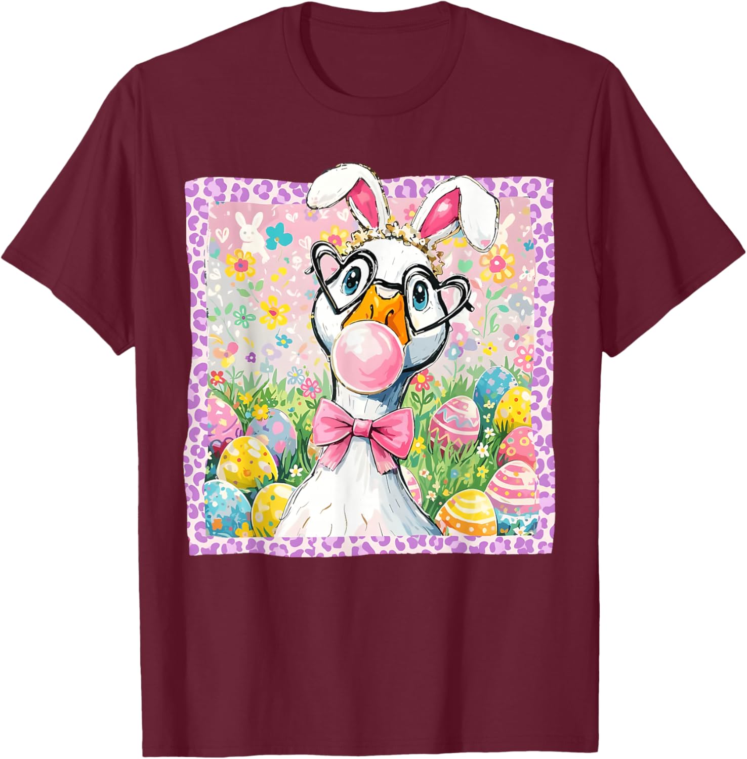 Preppy Easter Silly Goose Bubblegum Coquette Bunny Ears T-Shirt - T-Shirt | Maroon