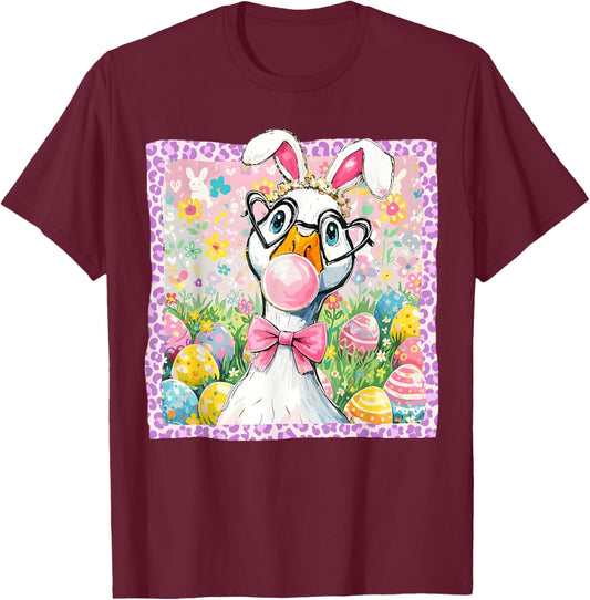 Preppy Easter Silly Goose Bubblegum Coquette Bunny Ears T-Shirt - T-Shirt | Maroon