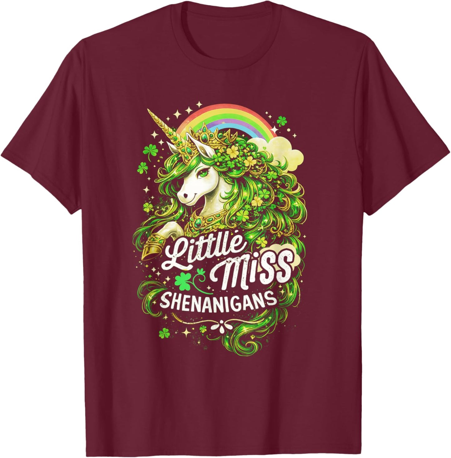 St Patricks Day Kids Girls Unicorn Little Miss Shenanigans T-Shirt - T-Shirt | Maroon