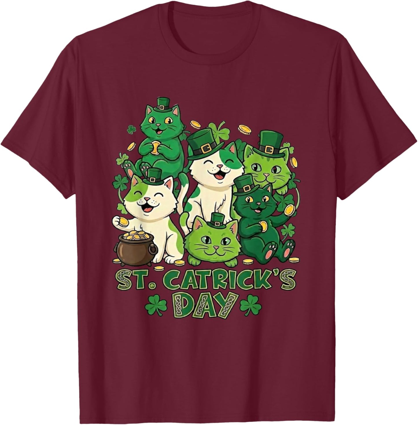 St Catricks Day Funny Cat Lover Leprechaun Kitten Graphic T-Shirt - T-Shirt | Maroon