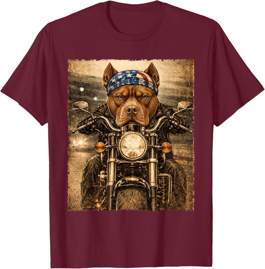 Vintage Pittie Dog Biker Pit Bull Riding Classic Motorcycle T-Shirt - T-Shirt | Maroon