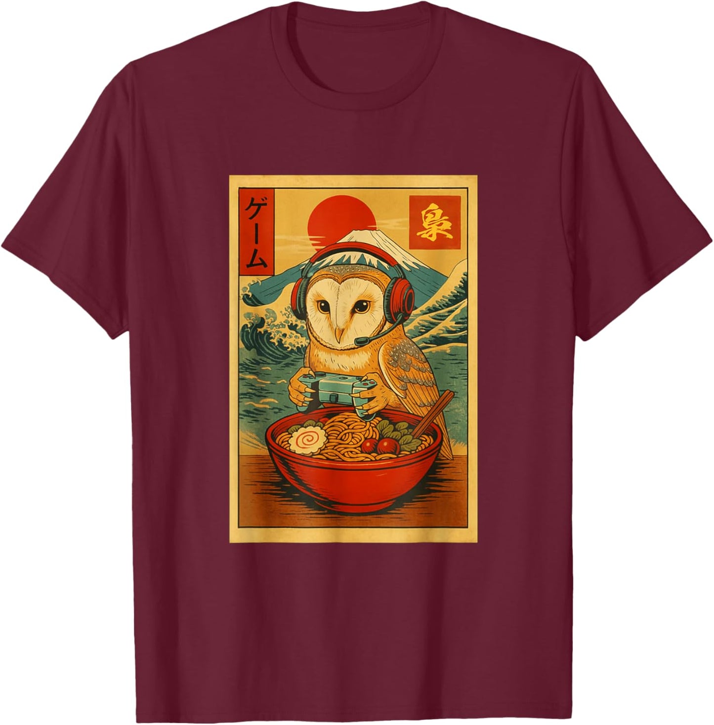 Owl Bird Gaming Ramen Japanese Ukiyo-e Great Wave Retro Art T-Shirt - T-Shirt | Maroon