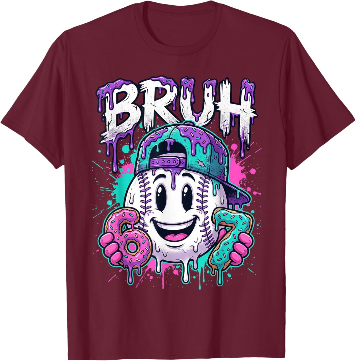 Bruh 67 Baseball Drip Boys Kids Six Seven Meme 6-7 Dripping T-Shirt - T-Shirt | Maroon