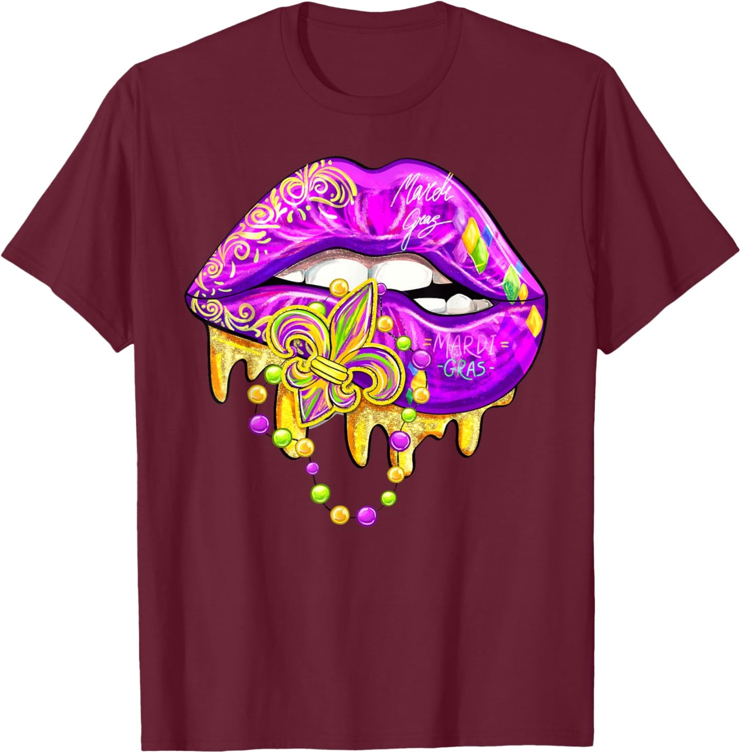 Mardi Gras Lips Carnival Fleur De Lis Costume Women Girl Kid T-Shirt - T-Shirt | Maroon