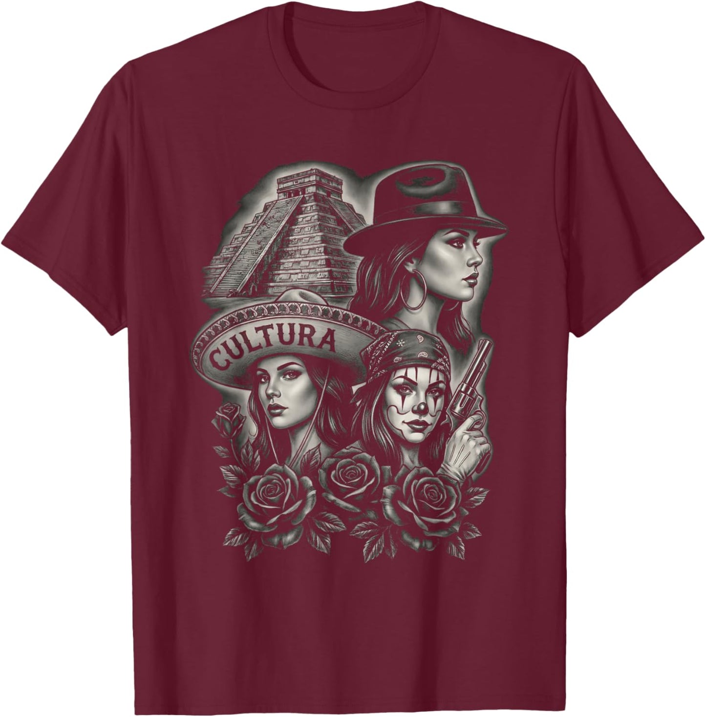 Chicano Cultura Latina Women Pyramid Roses Art T-Shirt - T-Shirt | Maroon