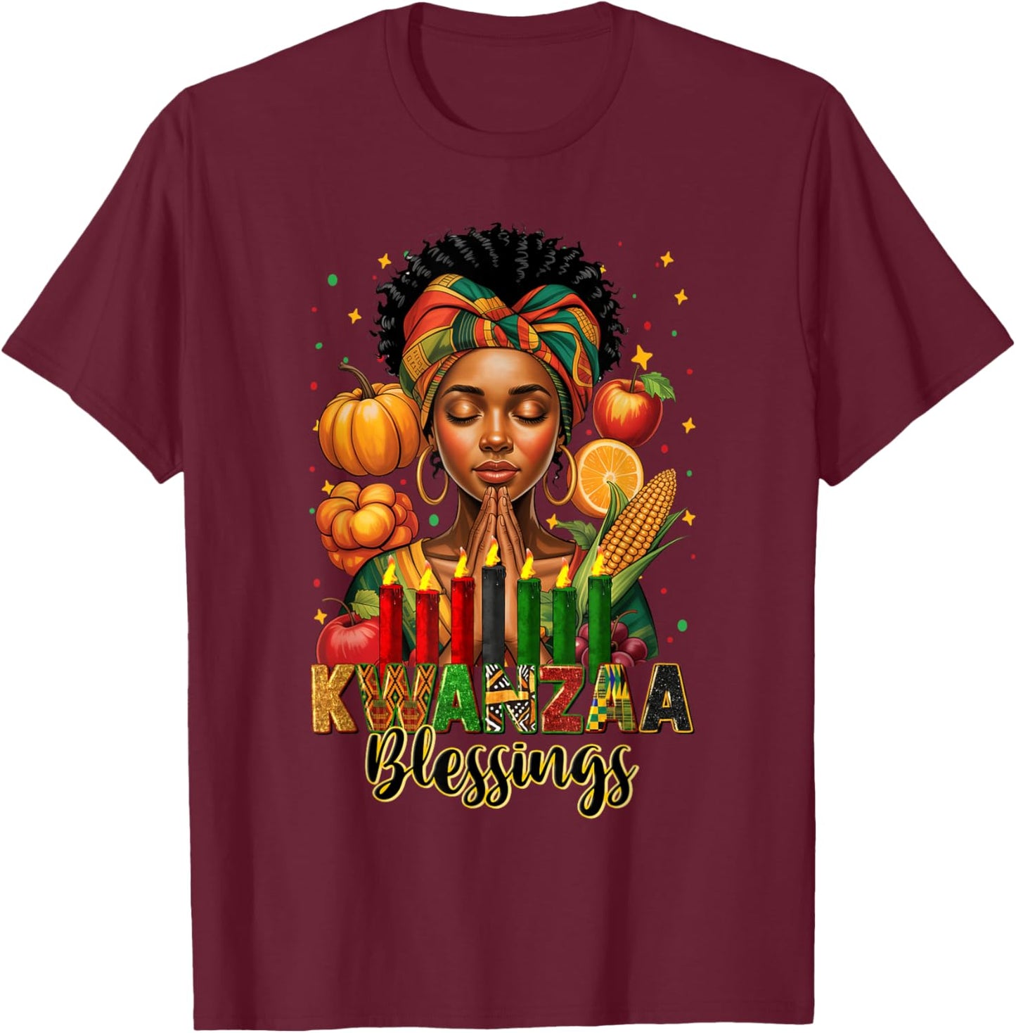 Kwanzaa Blessings Pray Black Woman Afro American Christian T-Shirt - T-Shirt | Maroon