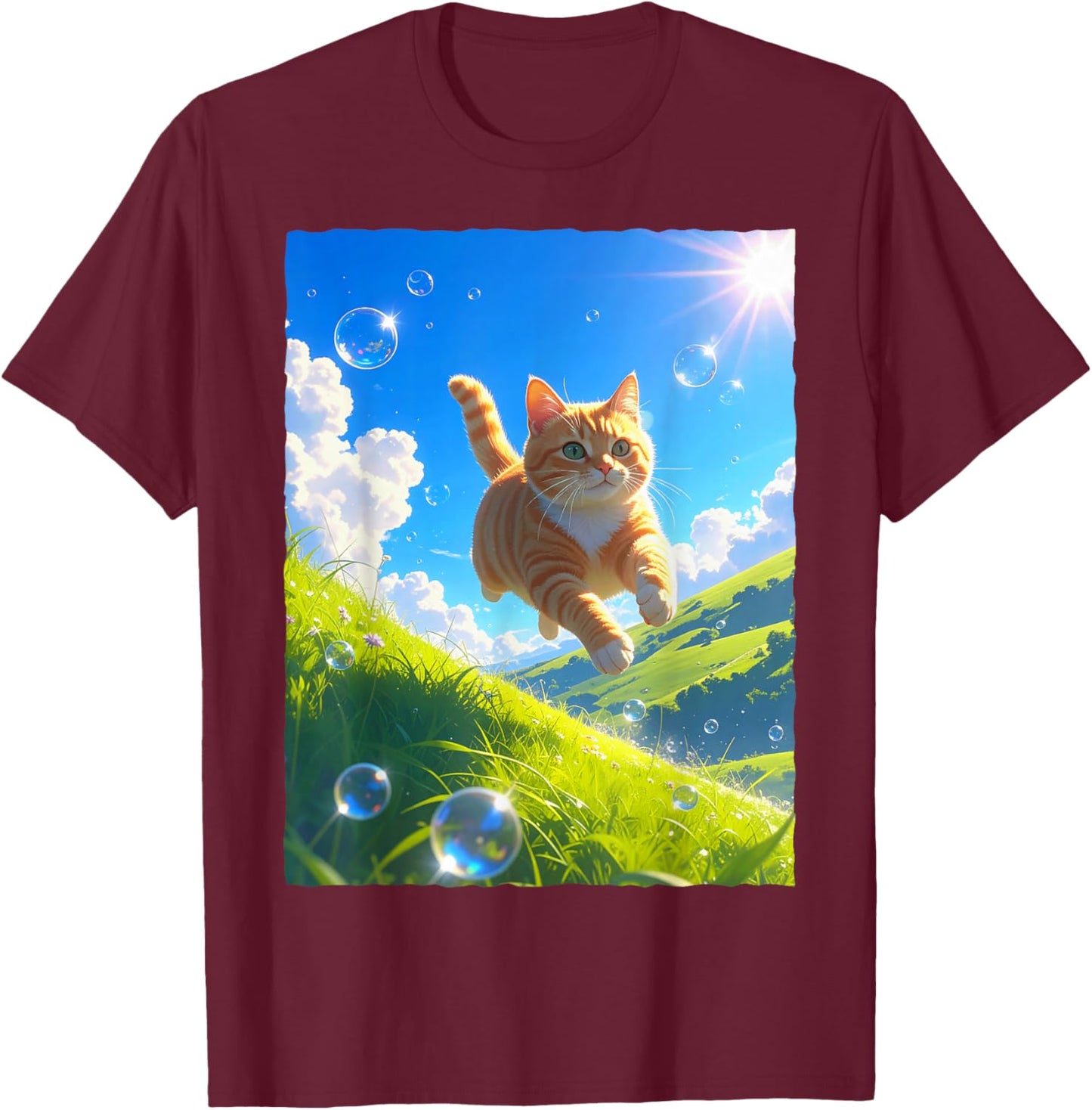 Frutiger Aero Cat Chasing Bubbles Cute Ginger Kitten Anime T-Shirt - T-Shirt | Maroon