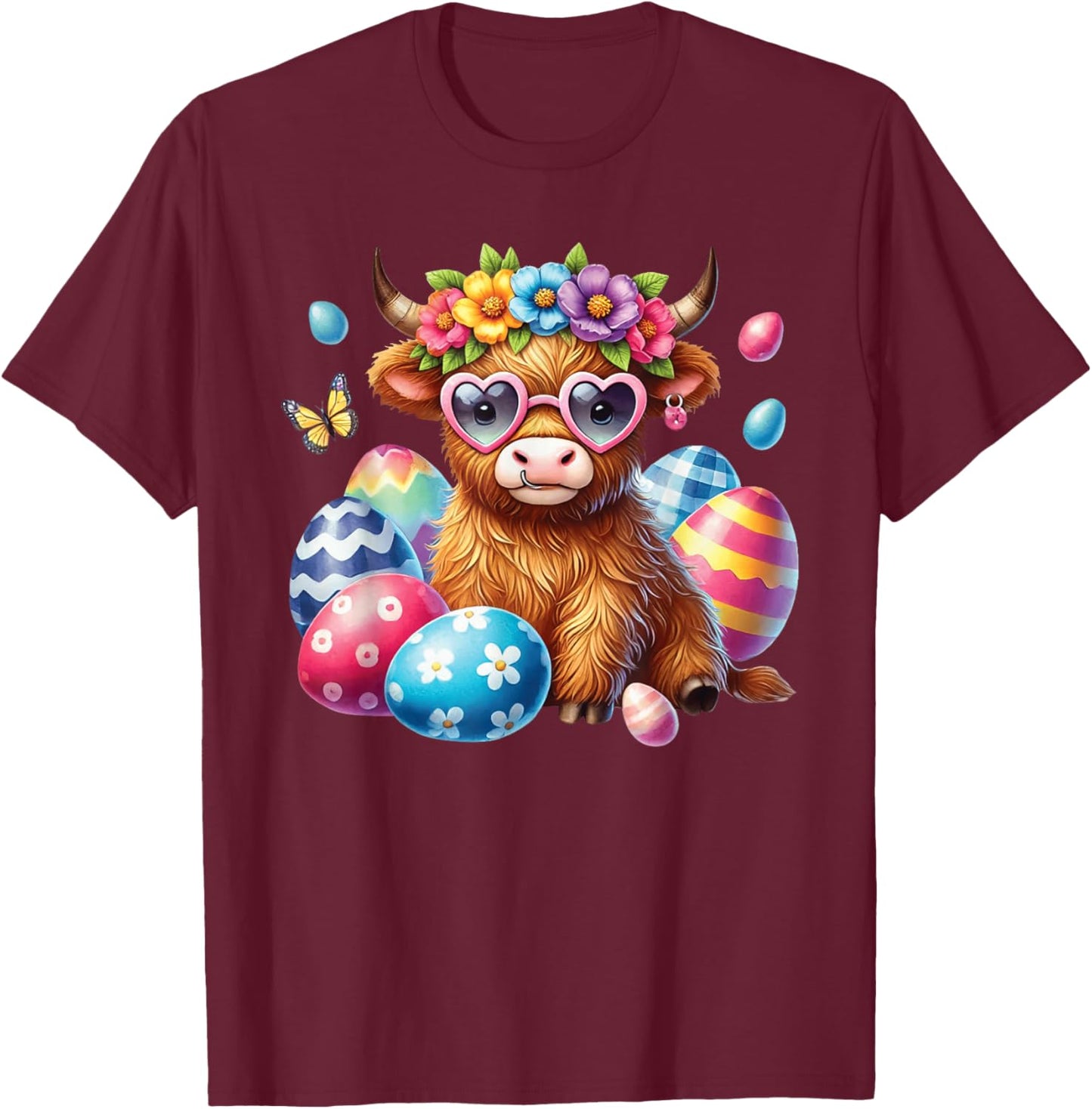 Happy Easter Highland Cow Heifer Easter Day Farmer Cowgirl T-Shirt - T-Shirt | Maroon