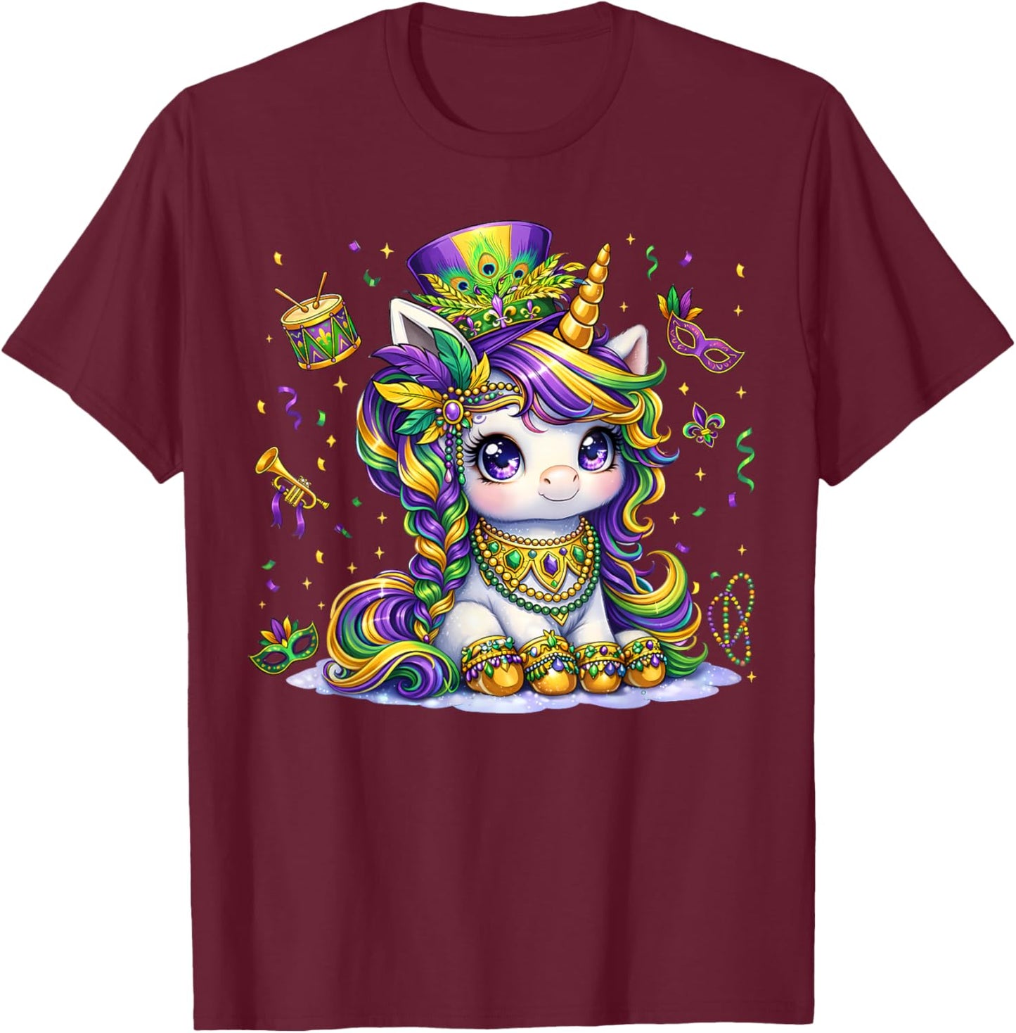 Cute Mardi Gras Princess Unicorn Bead Women Girl Kid Toddle T-Shirt - T-Shirt | Maroon