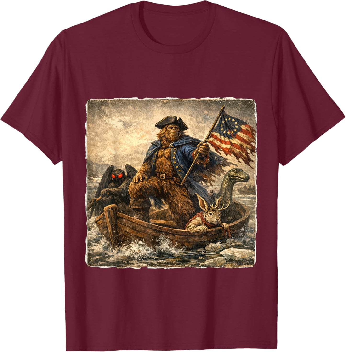 Bigfoot Crossing The Delaware Patriotic Funny 4th of July T-Shirt - T-Shirt | Maroon