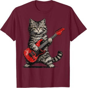 Funny Cat Playing Guitar Rock and Roll Gifts Men Women Kids T-Shirt - T-Shirt | Maroon