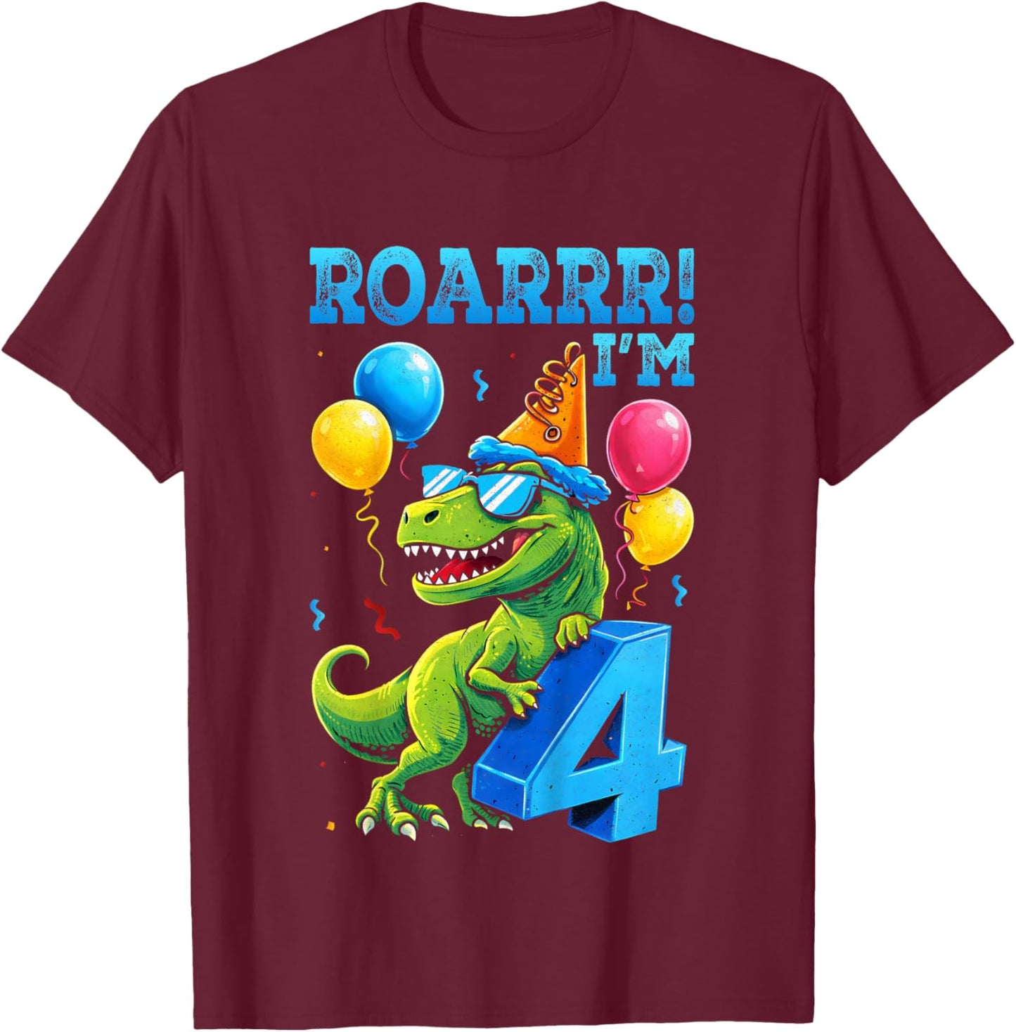 Kids Dinosaur T-Rex Roar I'm 4 Funny 4th Birthday Party Kids T-Shirt - T-Shirt | Maroon
