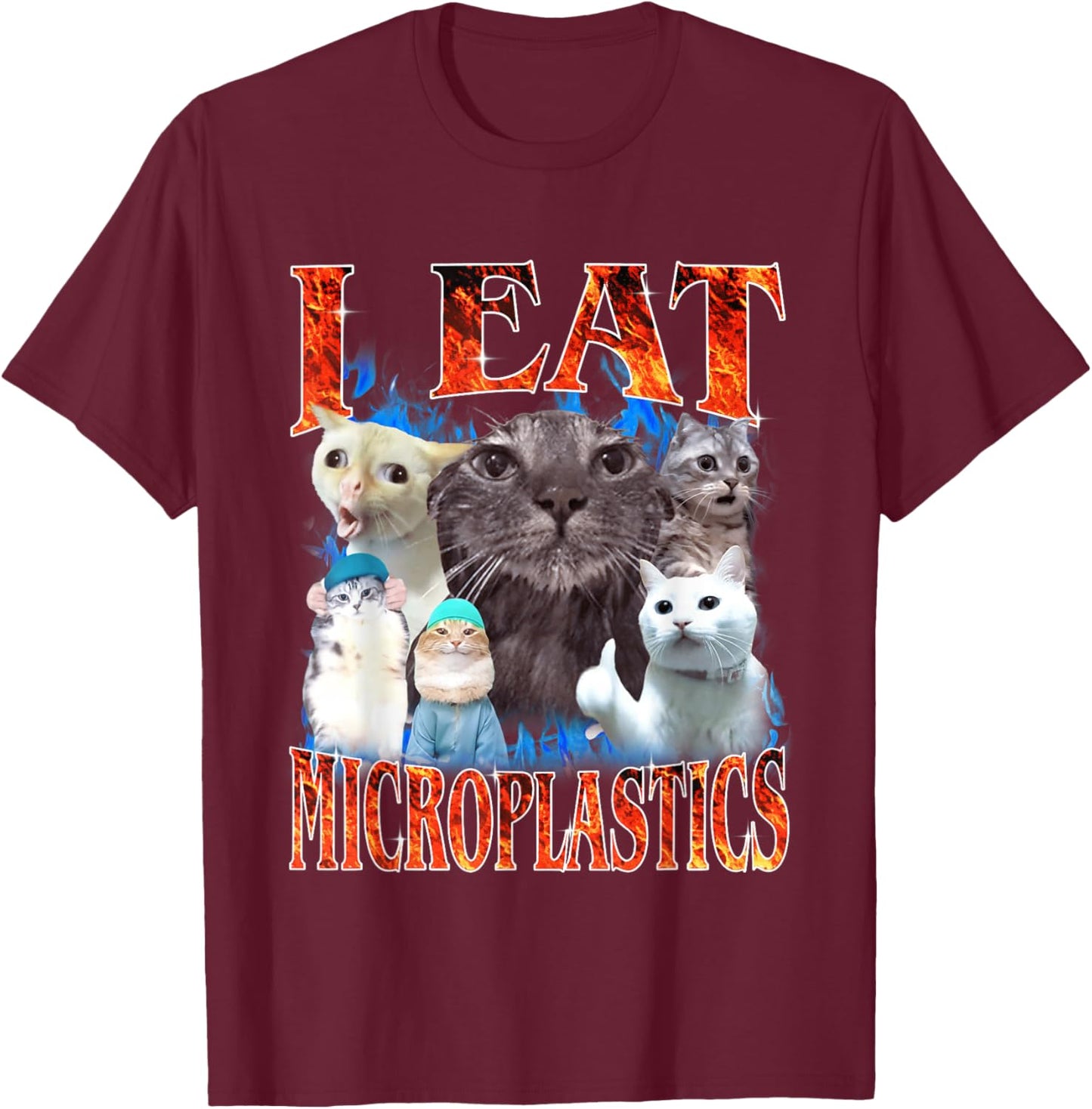 I Eat Microplastics Funny Cat Meme Y2K Bootleg Graphic T-Shirt - T-Shirt | Maroon