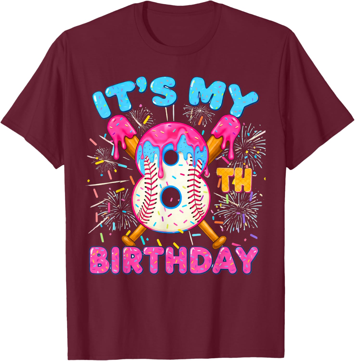 8th Birthday Baseball 8 Year Old Ice Cream Drip Boy Baseball T-Shirt - T-Shirt | Maroon