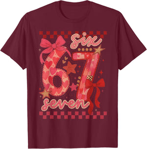 Six Seven Valentine 6 7 Meme Checkered Coquette Bow T-Shirt - T-Shirt | Maroon