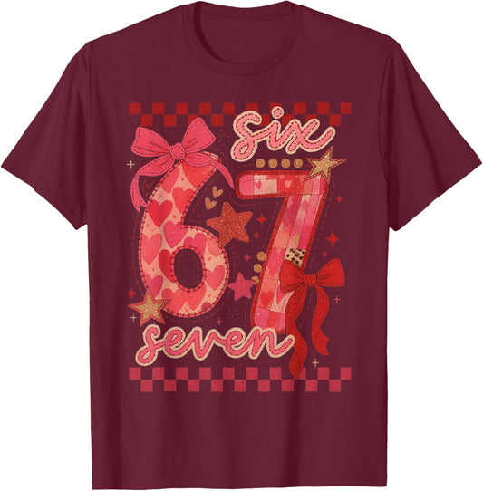 Six Seven Valentine 6 7 Meme Checkered Coquette Bow T-Shirt - T-Shirt | Maroon