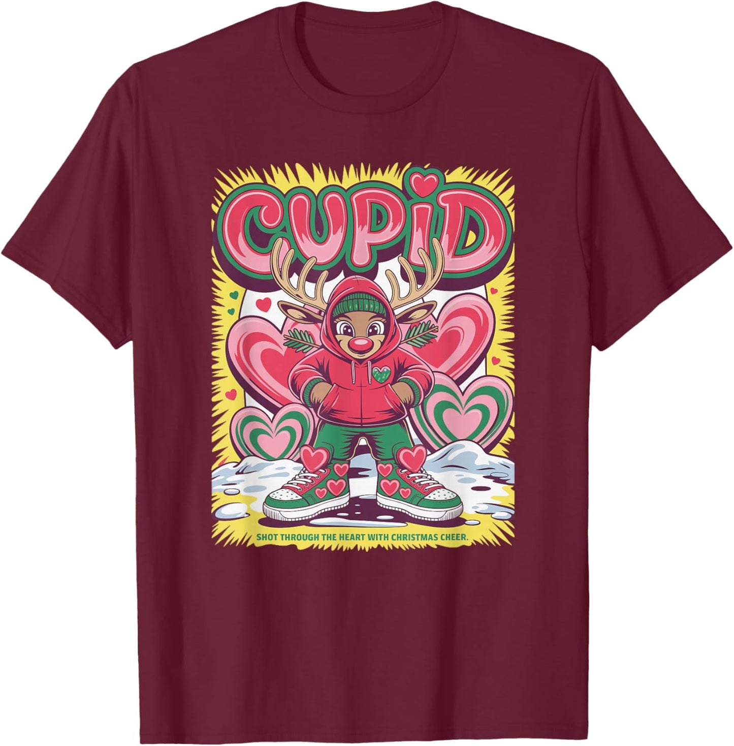 Cupid Reindeer Christmas Holiday Cheer Festive Art T-Shirt - T-Shirt | Maroon