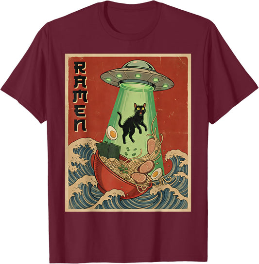 Funny Cat Ramen UFO Japanese Art Graphic Cat Eating Ramen T-Shirt - T-Shirt | Maroon