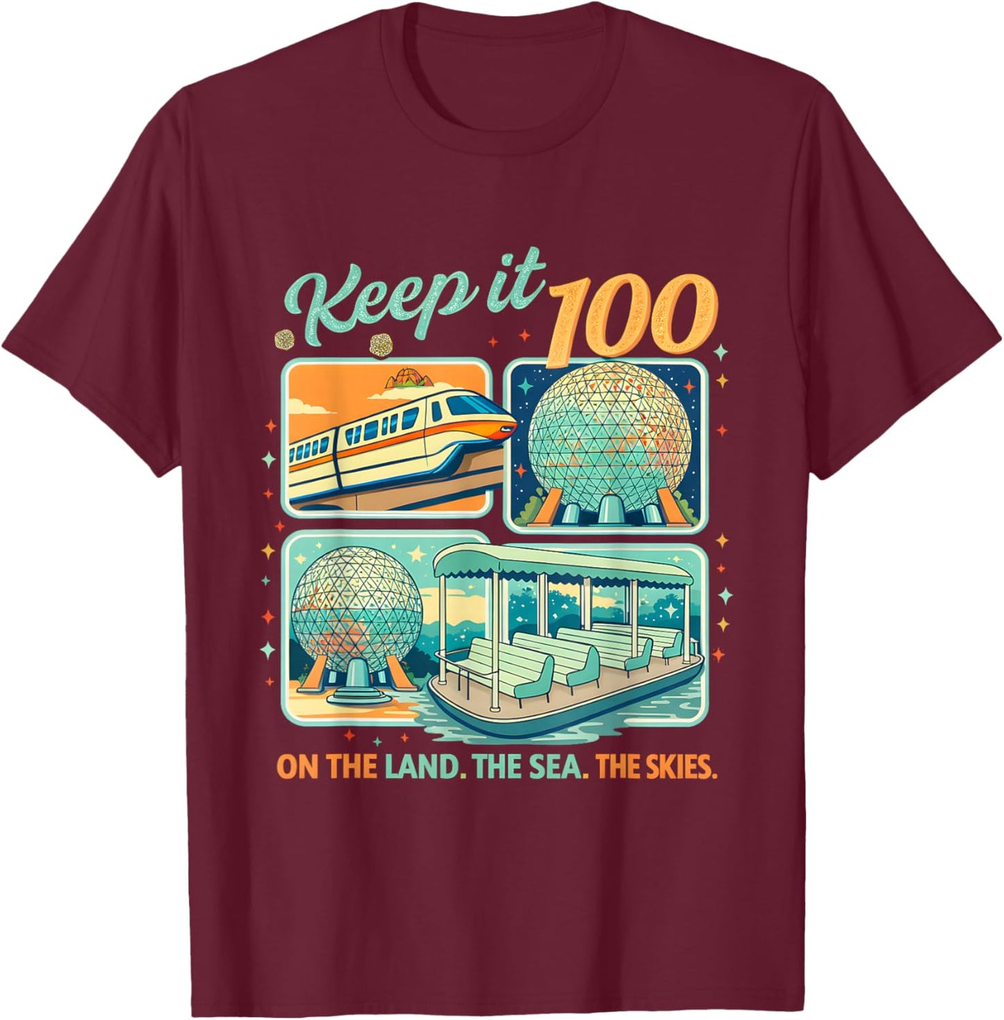 Keep It 100 Retro Transport Art Land Sea Sky Style T-Shirt - T-Shirt | Maroon