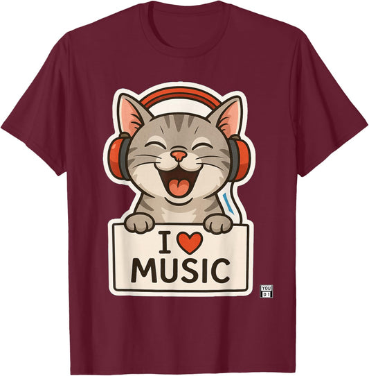 I Love Music Tiger Cat T-Shirt - T-Shirt | Maroon