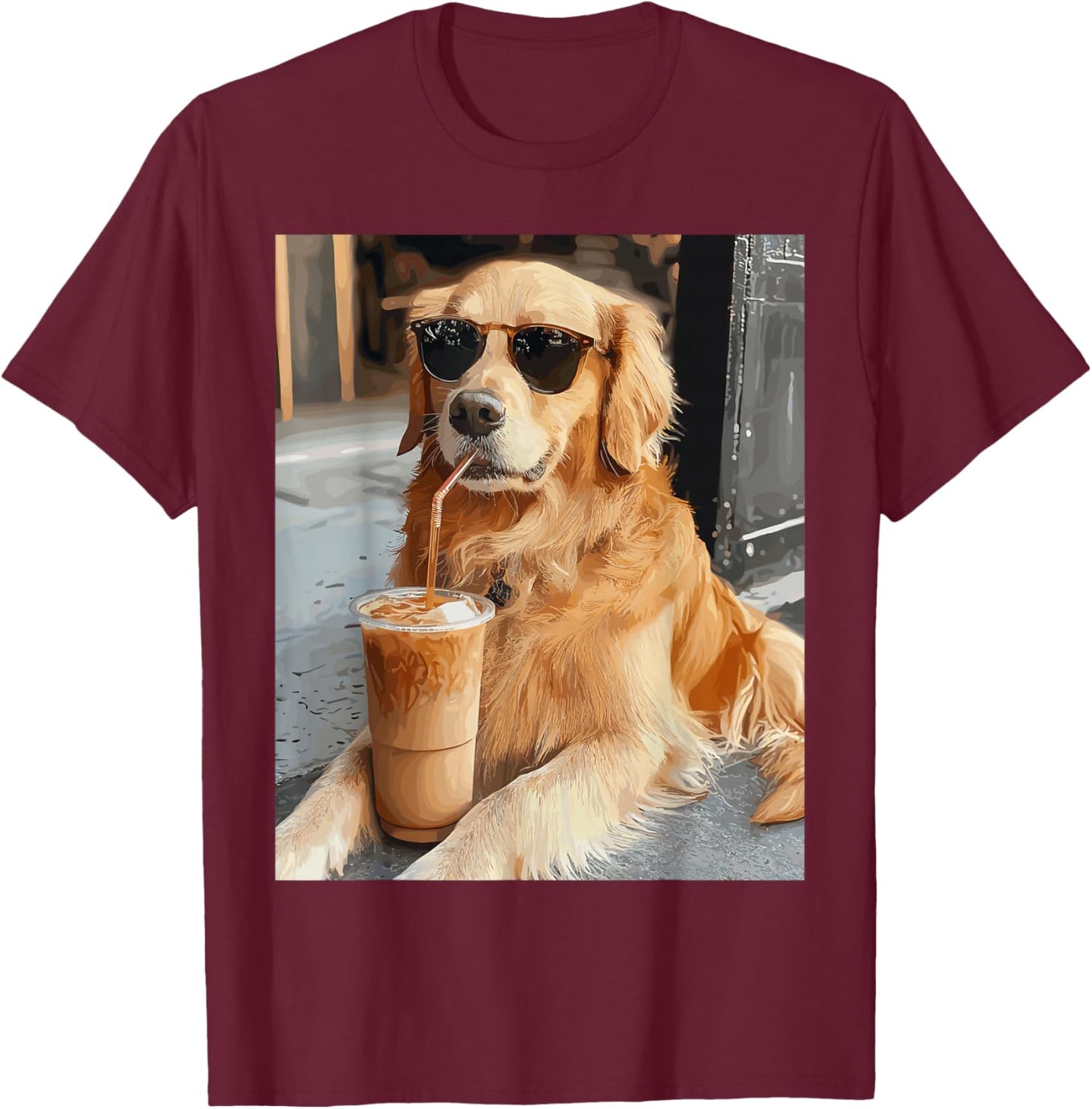 Golden Retriever Drinking Iced Coffee T-Shirt - T-Shirt | Maroon